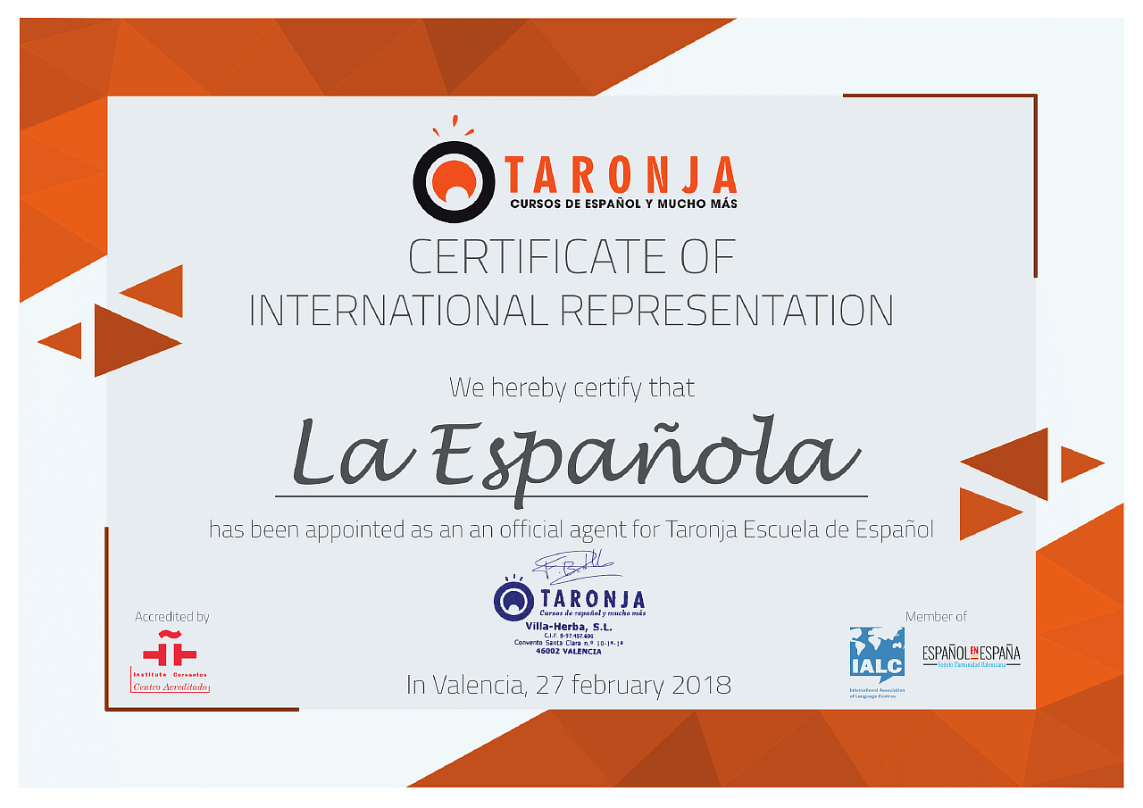 Сертификат аккредитации Института Сервантеса школы Taronja